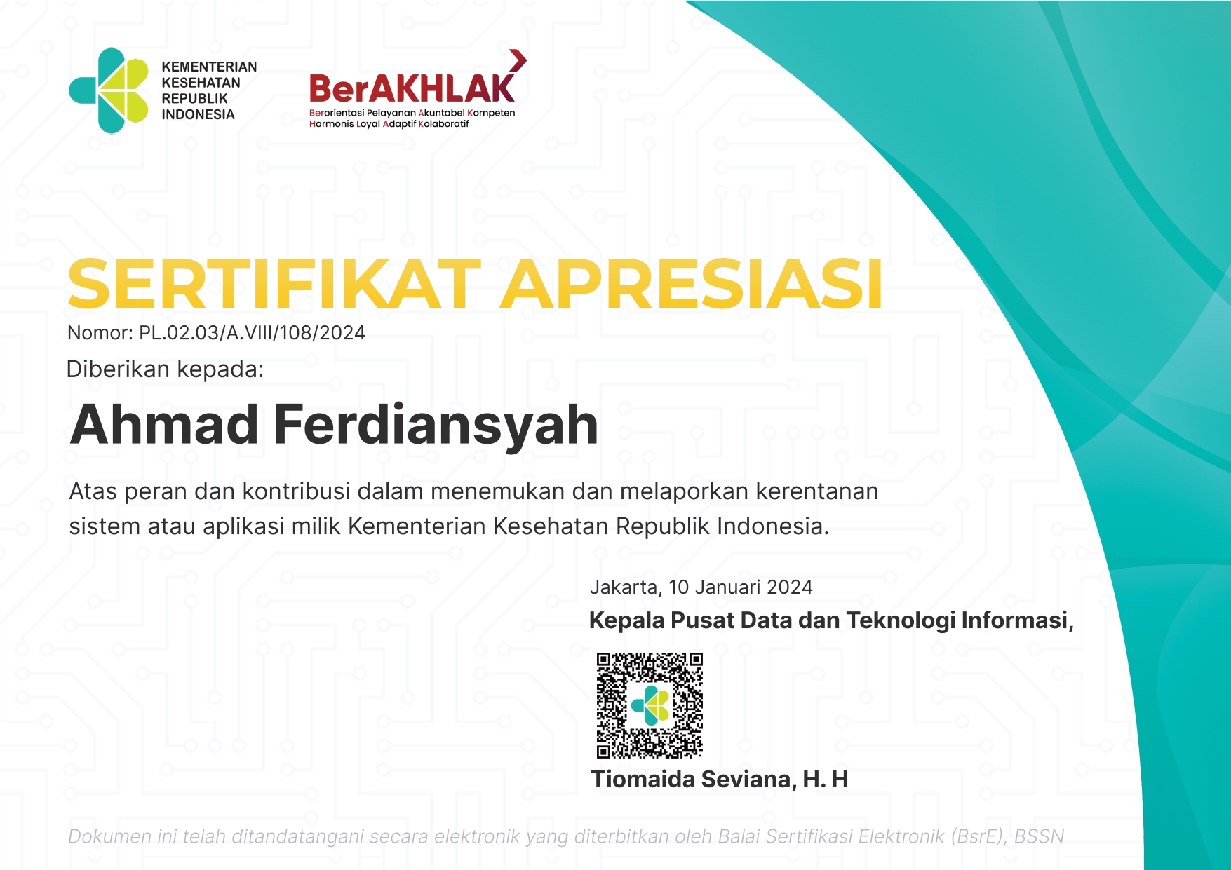 Apresiasi Kementrian Kesehatan