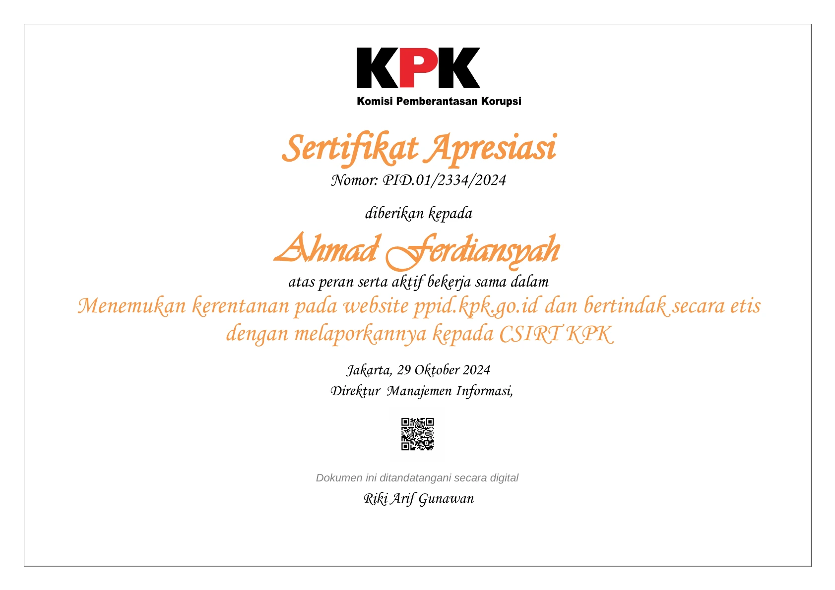 Apresiasi Komisi Pemberantas Korupsi
